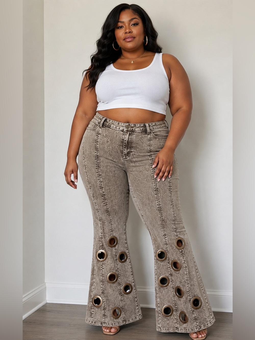 Upcycled High-Rise Flare Jeans with Grommet Detail - Taupe brown size 2X
